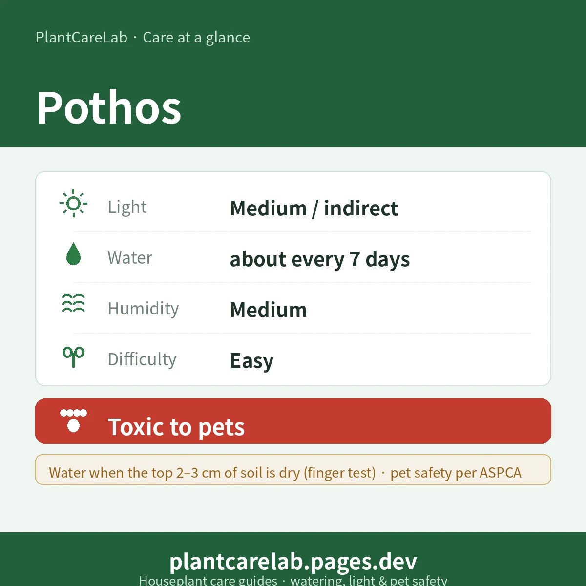 Pothos care at a glance — Medium / indirect light, water about every 7 days, Medium humidity, Easy difficulty, Toxic to pets